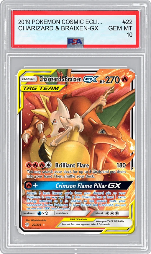 2019 POKEMON COSMIC ECLIPSE CHARIZARD & BRAIXEN-GX #22 PSA 10