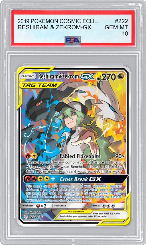 2019 POKEMON COSMIC ECLIPSE RESHIRAM & ZEKROM-GX #222 PSA 10