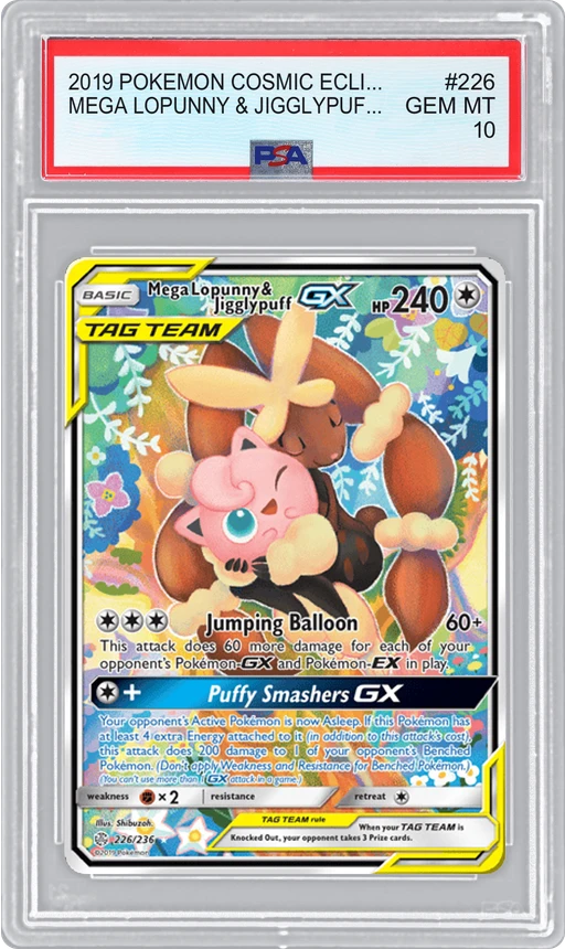 2019 POKEMON COSMIC ECLIPSE MEGA LOPUNNY & JIGGLYPUFF-GX #226 PSA 10