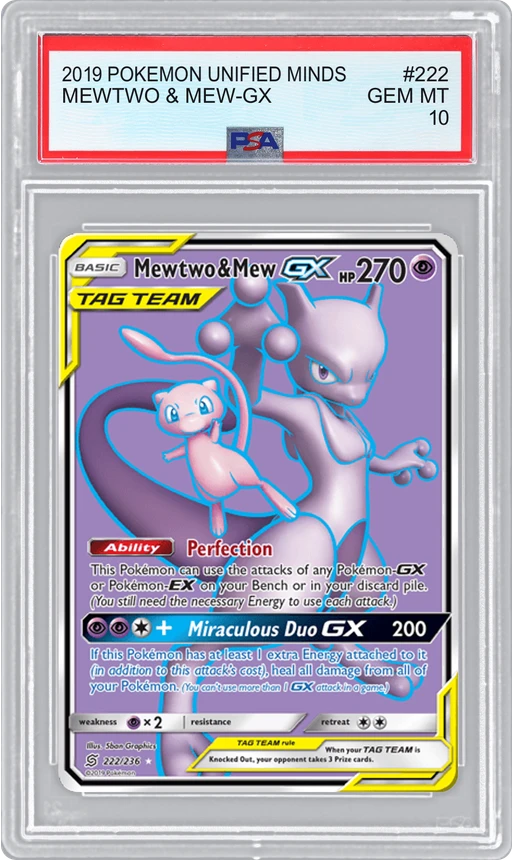 2019 POKEMON UNIFIED MINDS MEWTWO & MEW-GX #222 PSA 10