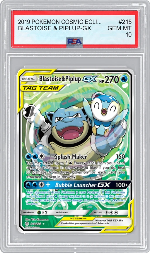 2019 POKEMON COSMIC ECLIPSE BLASTOISE & PIPLUP-GX #215 PSA 10