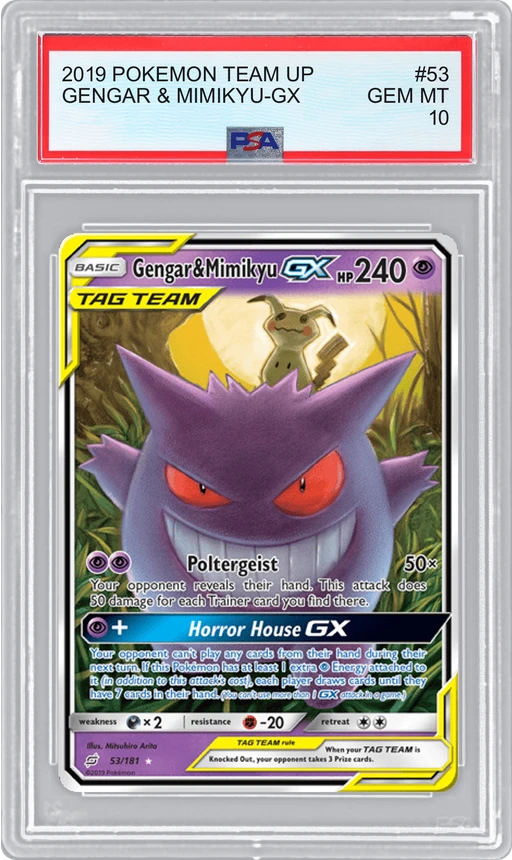 2019 POKEMON TEAM UP GENGAR & MIMIKYU-GX #53 PSA 10